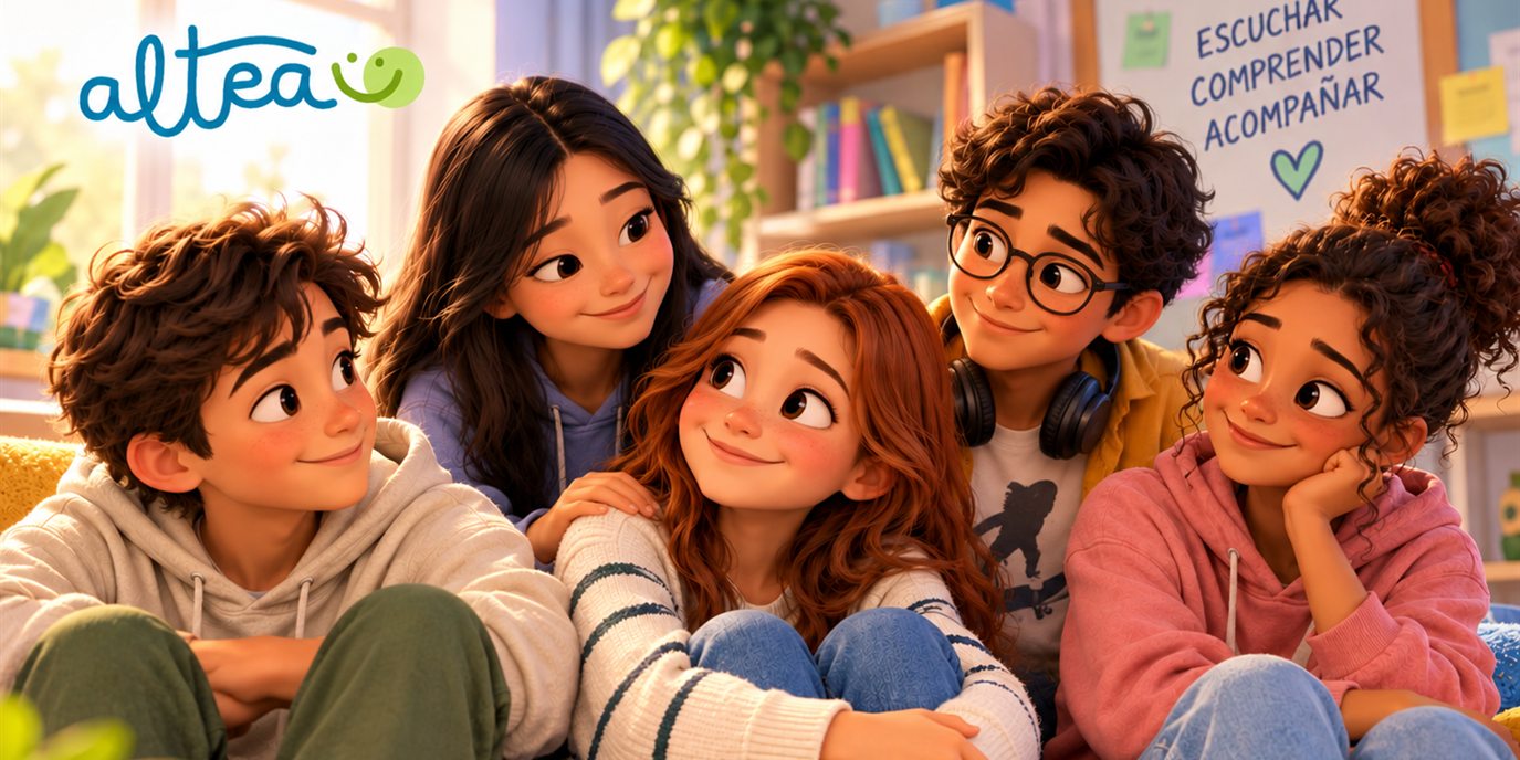 Ilustración de cinco adolescentes sentados juntos que se miran y sonríen, junto a una pizarra con las palabras escuchar, comprender y acompañar